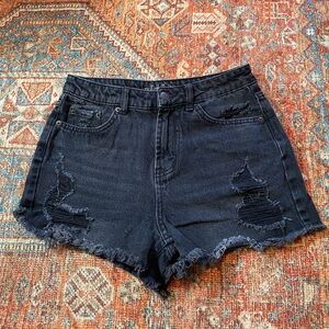 Distressed Black Denim Shorts